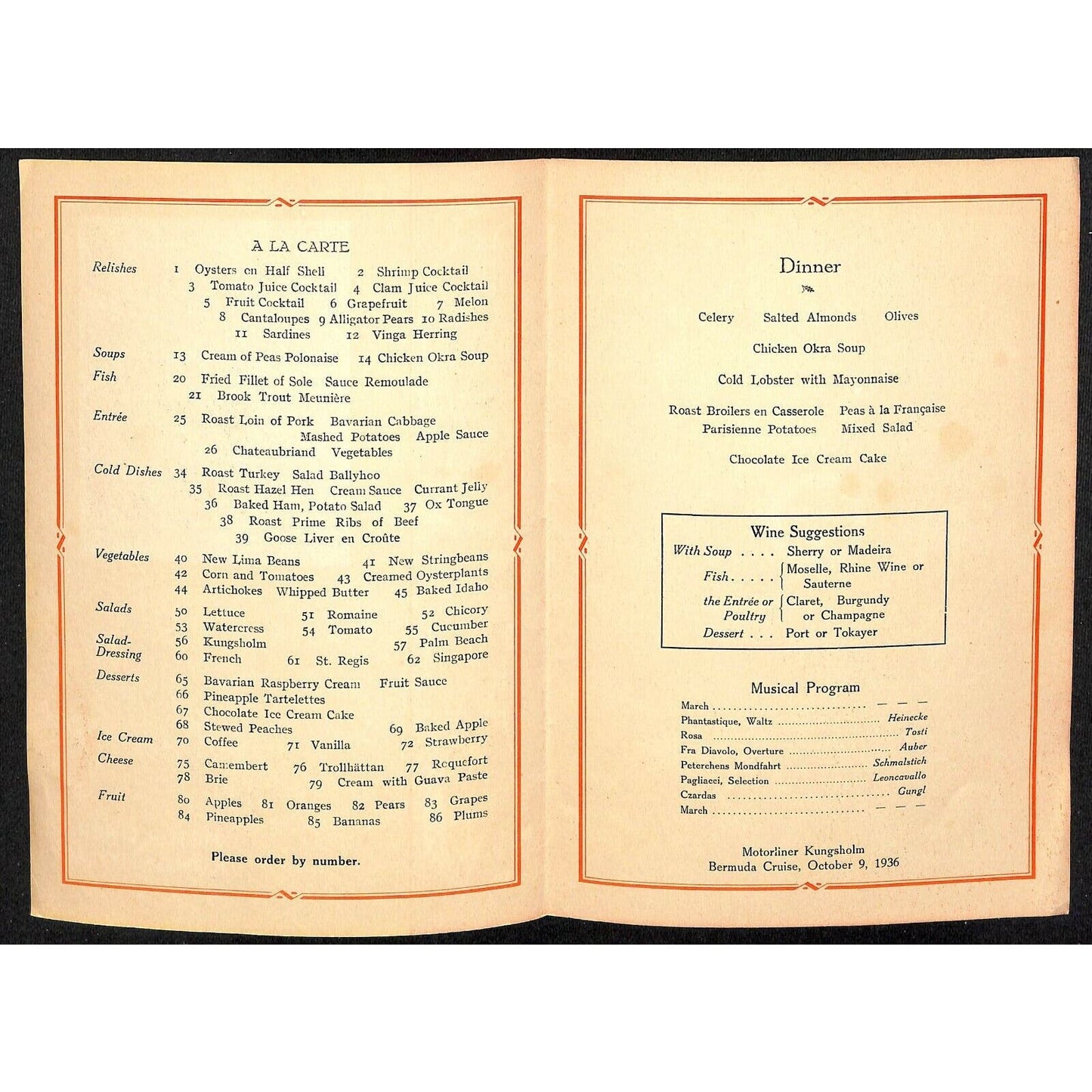 1936 Swedish American Kungsholm Bermuda Cruise Line Dinner Menu Oct 9 VGC