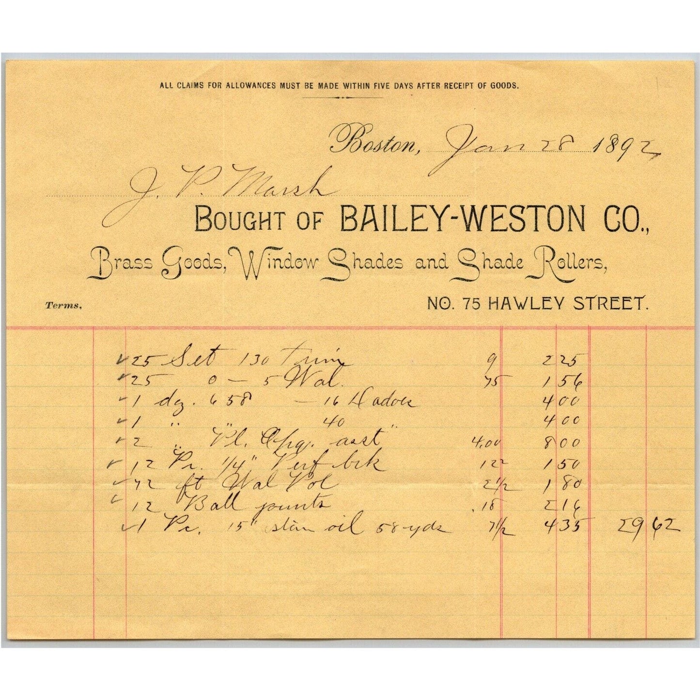Boston, MA Bailey & Rankin Carpets 1894 Billhead JP Marsh Bethel, VT Scarce