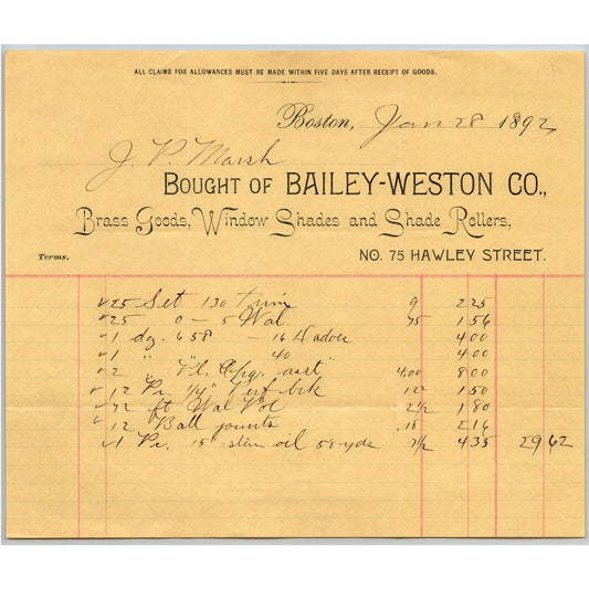 Boston, MA Bailey & Rankin Carpets 1894 Billhead JP Marsh Bethel, VT Scarce