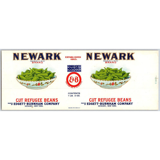 Newark Cut Refugee Beans Paper Can Label New York c1930's-40's Scarce