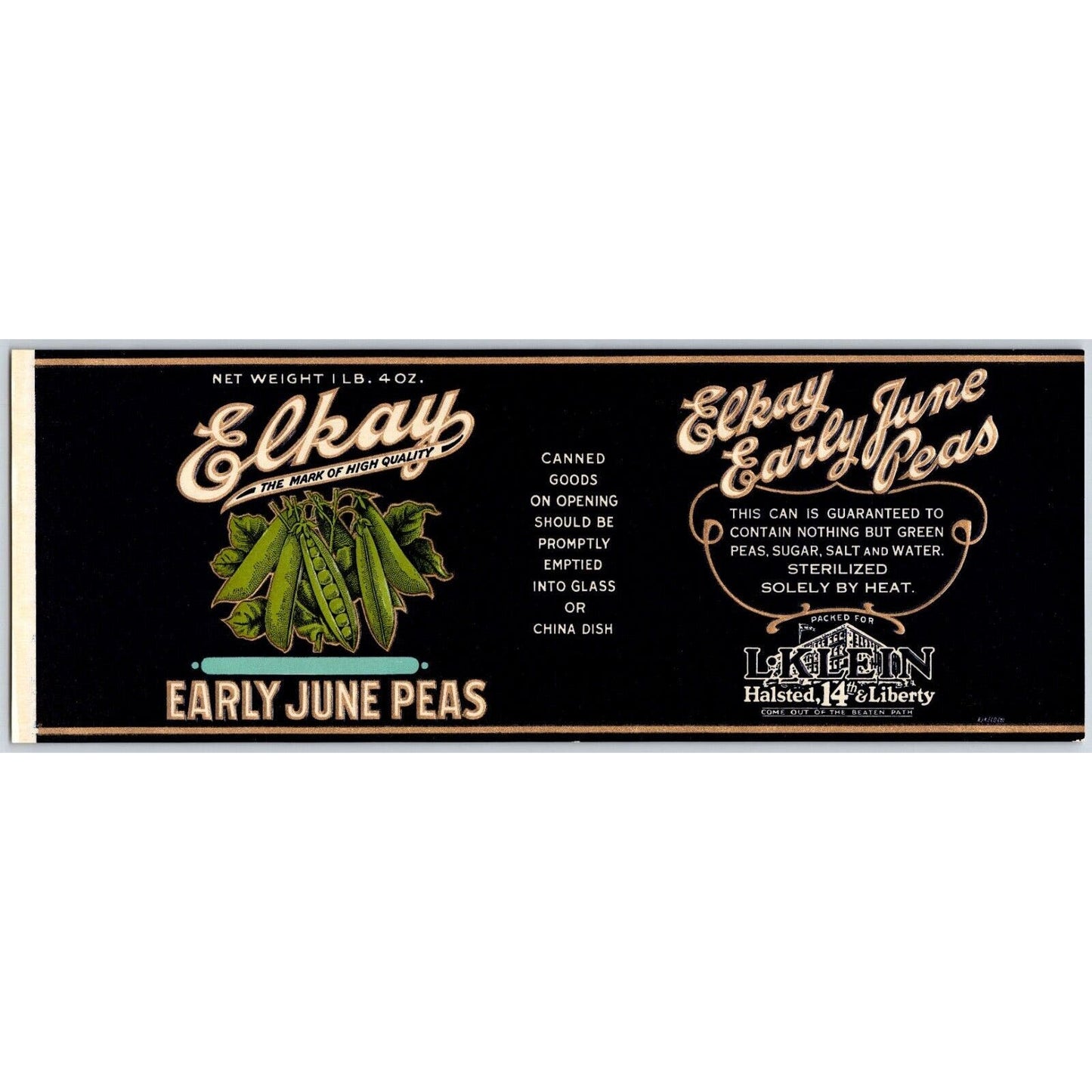 Elkay Early June Peas Paper Can Label Halsted 14th & Liberty c1920's VGC