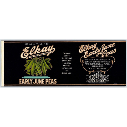 Elkay Early June Peas Paper Can Label Halsted 14th & Liberty c1920's VGC