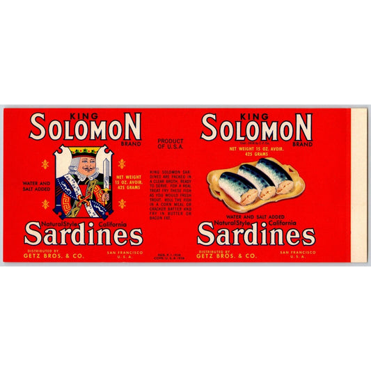 King Solomon Sardines Paper Can Label Playing Card King Art c1936-40's VGC