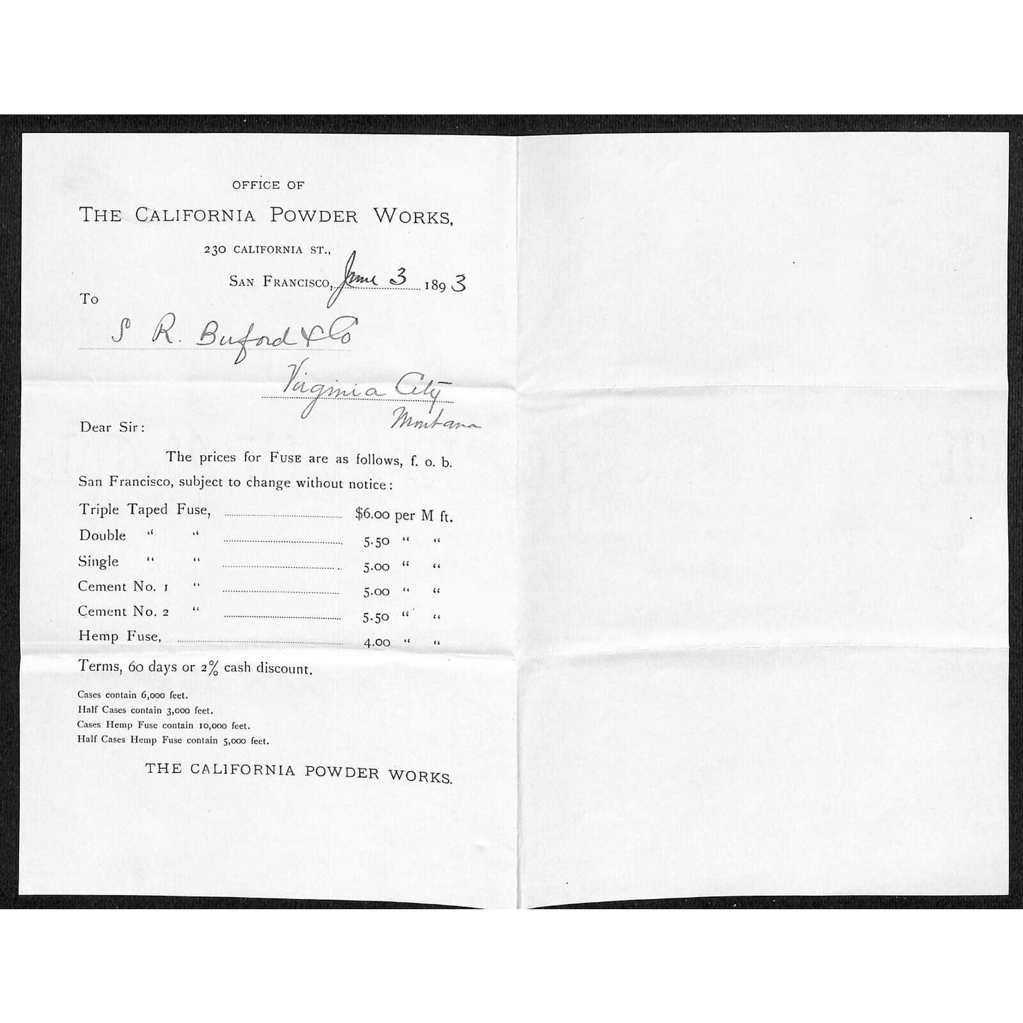 1893 "California Powder Works" Price Sheet S.R. Buford Virginia City, MT Scarce