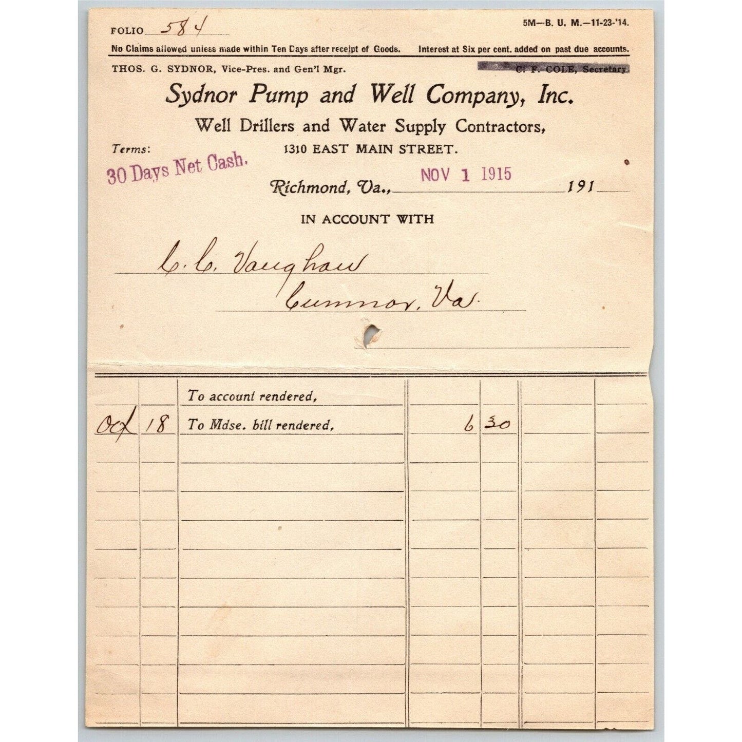 1915 Scarce Sydnor Pump and Well Company Billhead Letterhead Richmond, VA