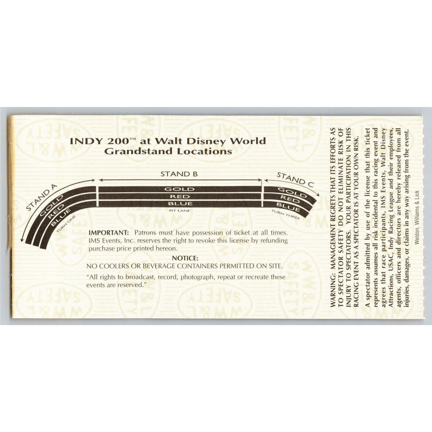 1996 Indy 200 Walt Disney World Ticket Stub - Inaugural Race - Seat 12