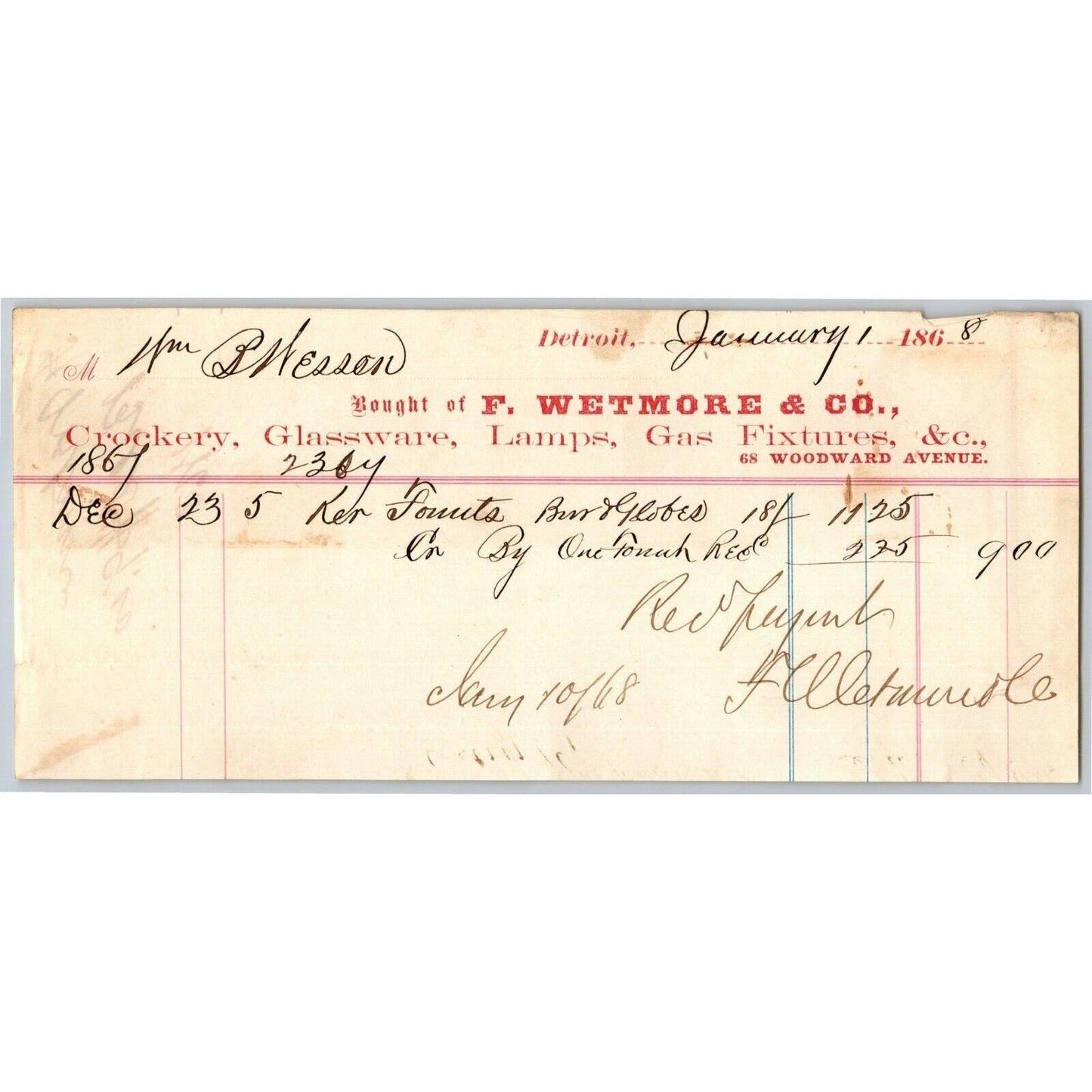 Detroit Letterhead Wetmore & Co. Glassware Lamps Gas Fixtures Crockery 1868