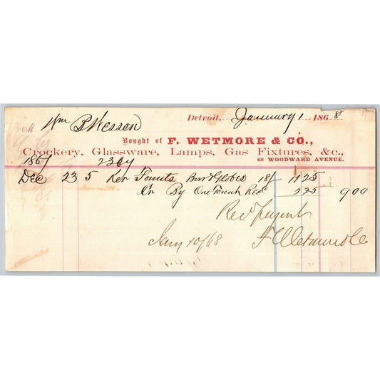 Detroit Letterhead Wetmore & Co. Glassware Lamps Gas Fixtures Crockery 1868