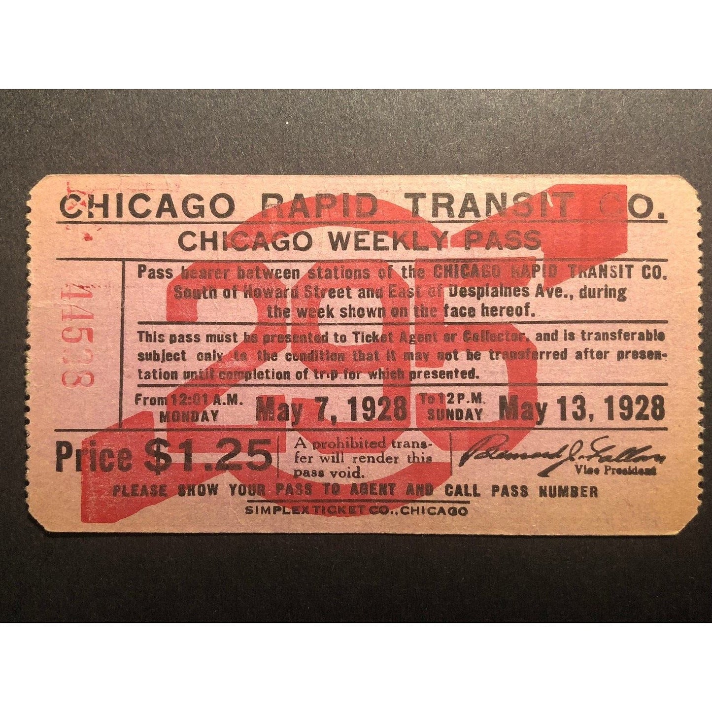 1928 Chicago Rapid Transit Authority Weekly Pass May "295" VGC