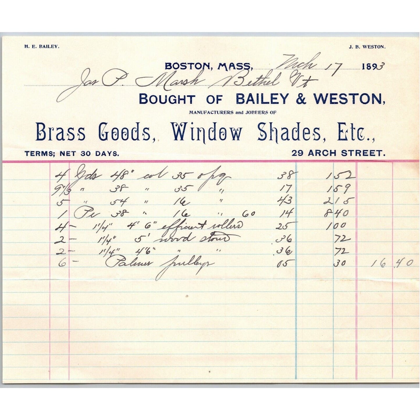 Boston, MA Bailey & Weston Brass Goods 1893 Billhead JP Marsh Bethel, VT Scarce
