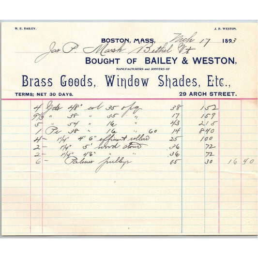 Boston, MA Bailey & Weston Brass Goods 1893 Billhead JP Marsh Bethel, VT Scarce