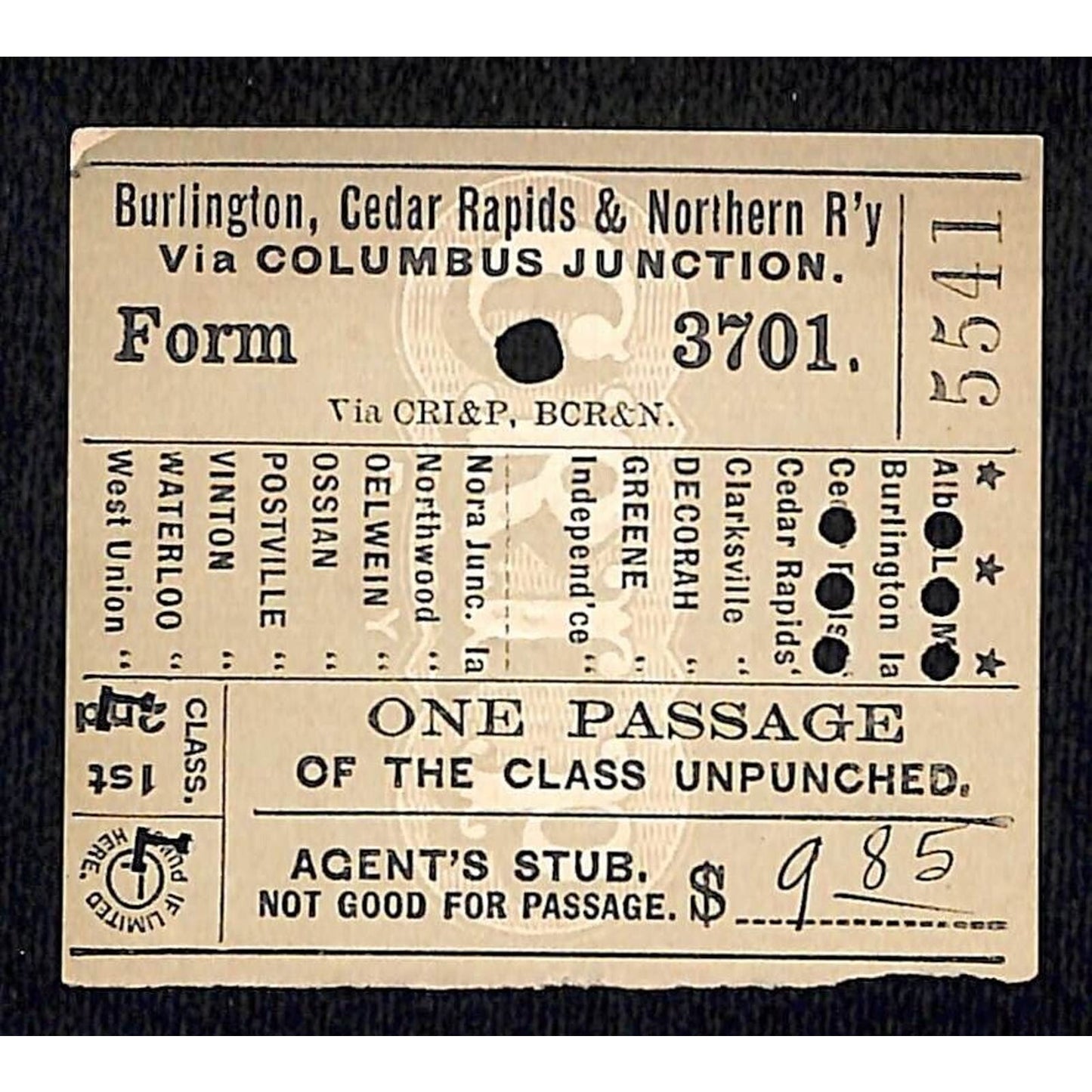 Burlington, Cedar Rapids & Northern Railway Ticket 1897 Pawnee, NE #5541 Scarce