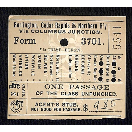 Burlington, Cedar Rapids & Northern Railway Ticket 1897 Pawnee, NE #5541 Scarce