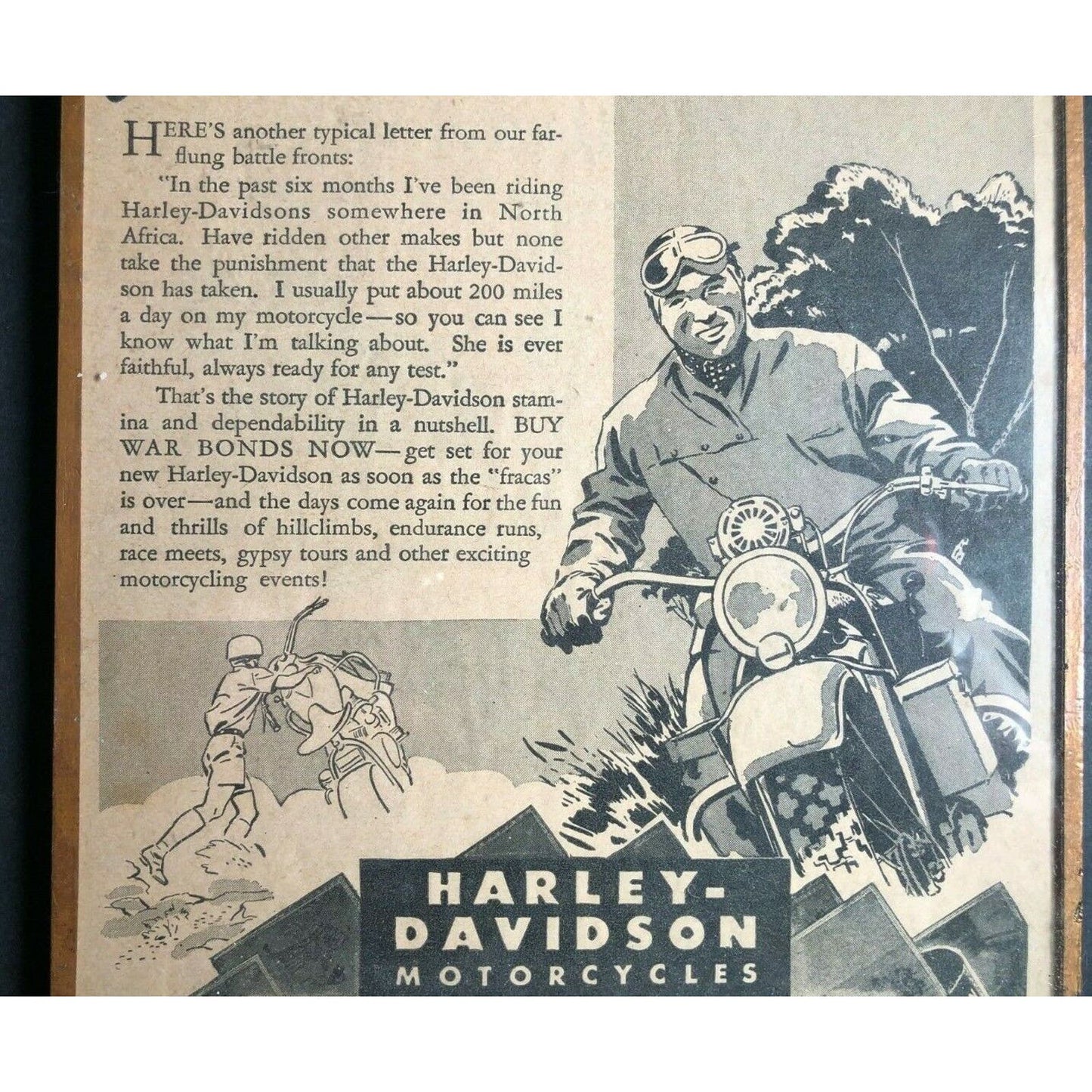 1944 Copper Foil Framed Harley Davidson Magazine Advertising 6" x 8 3/4"
