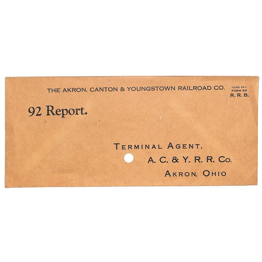 Akron, Canton & Youngstown Railroad Heavy Duty "92 Report" Envelope VGC