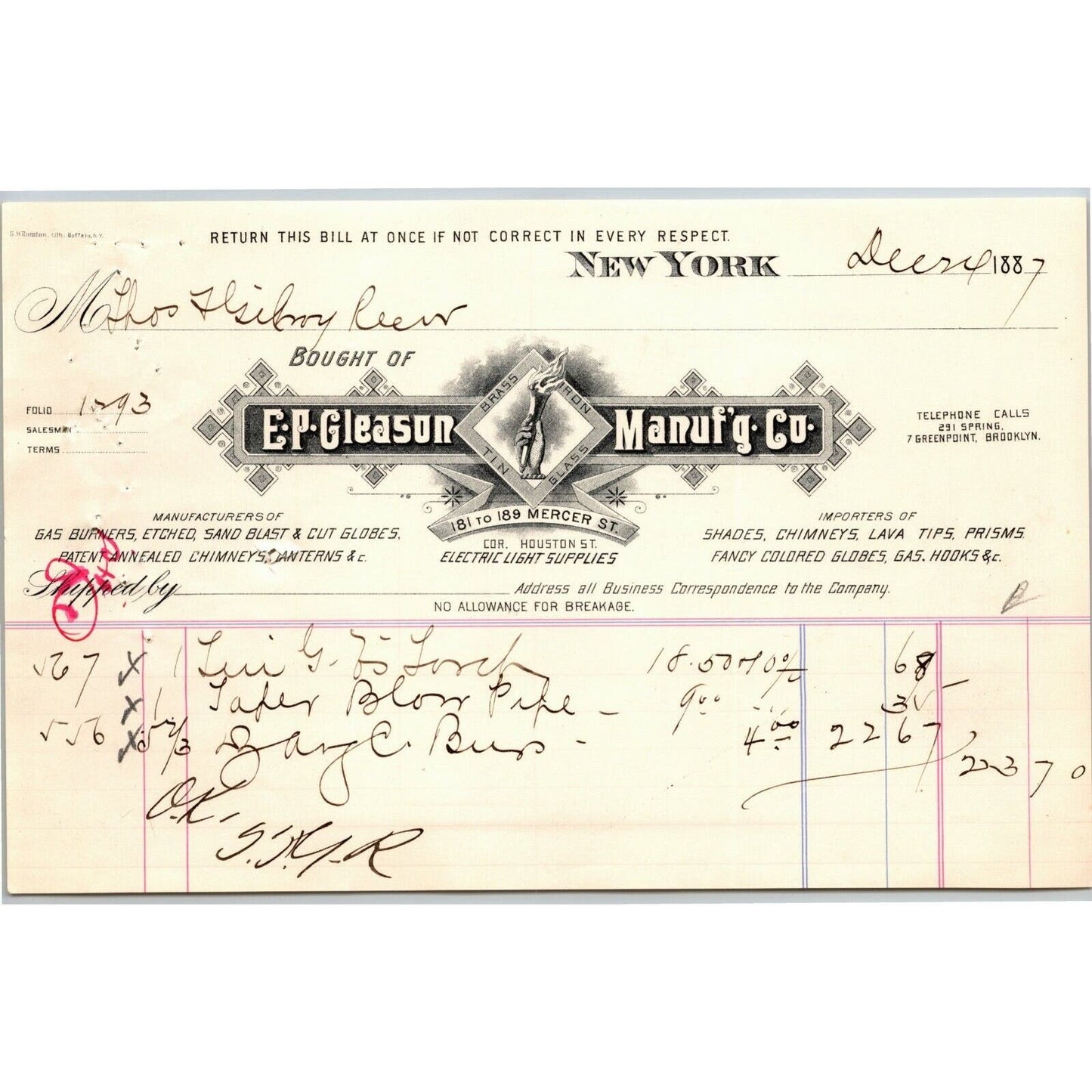 Dec 1887 "E. P. Gleason" Cut Glass Globes Billhead Letterhead Mercer St NYC