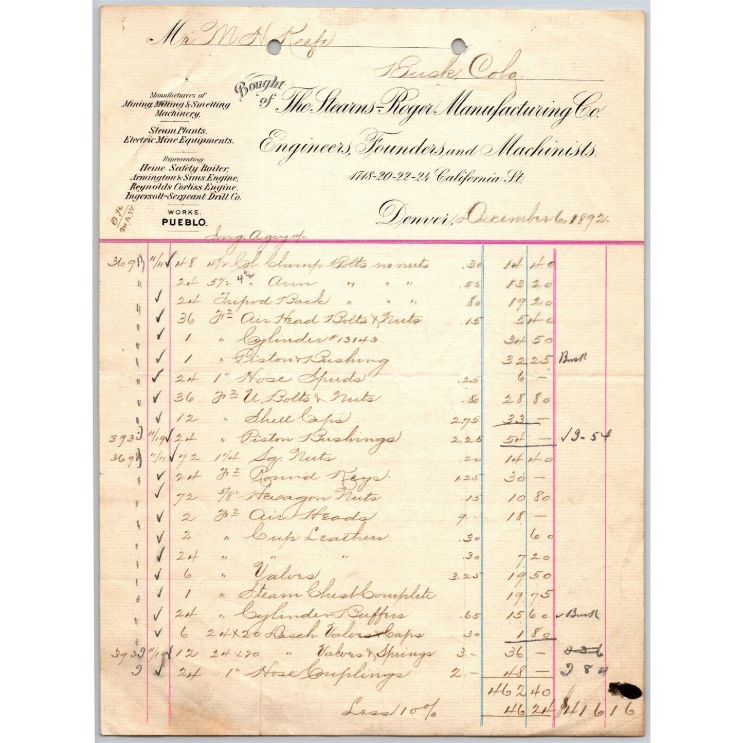 1892 Stearns-Roger Manufacturers Denver Engineers Founders Letterhead M.H. Keefe