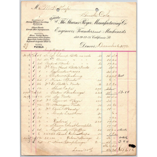 1892 Stearns-Roger Manufacturers Denver Engineers Founders Letterhead M.H. Keefe