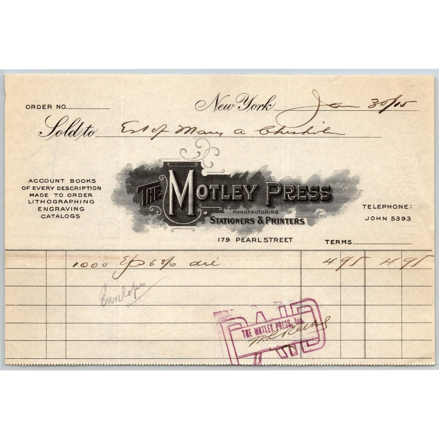1915 "The Motley Press, Stationers & Printers" Billhead Letterhead Pearl St. NYC