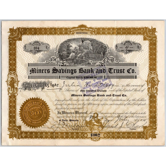 Butte, MT Miner's Savings Bank and Trust Co. 1925 Stock Certificate Cert # 304
