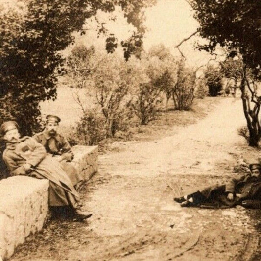c1910-17 RPPC* Russian Military Postcard - Soldiers Relax on Rural Stone Bridge
