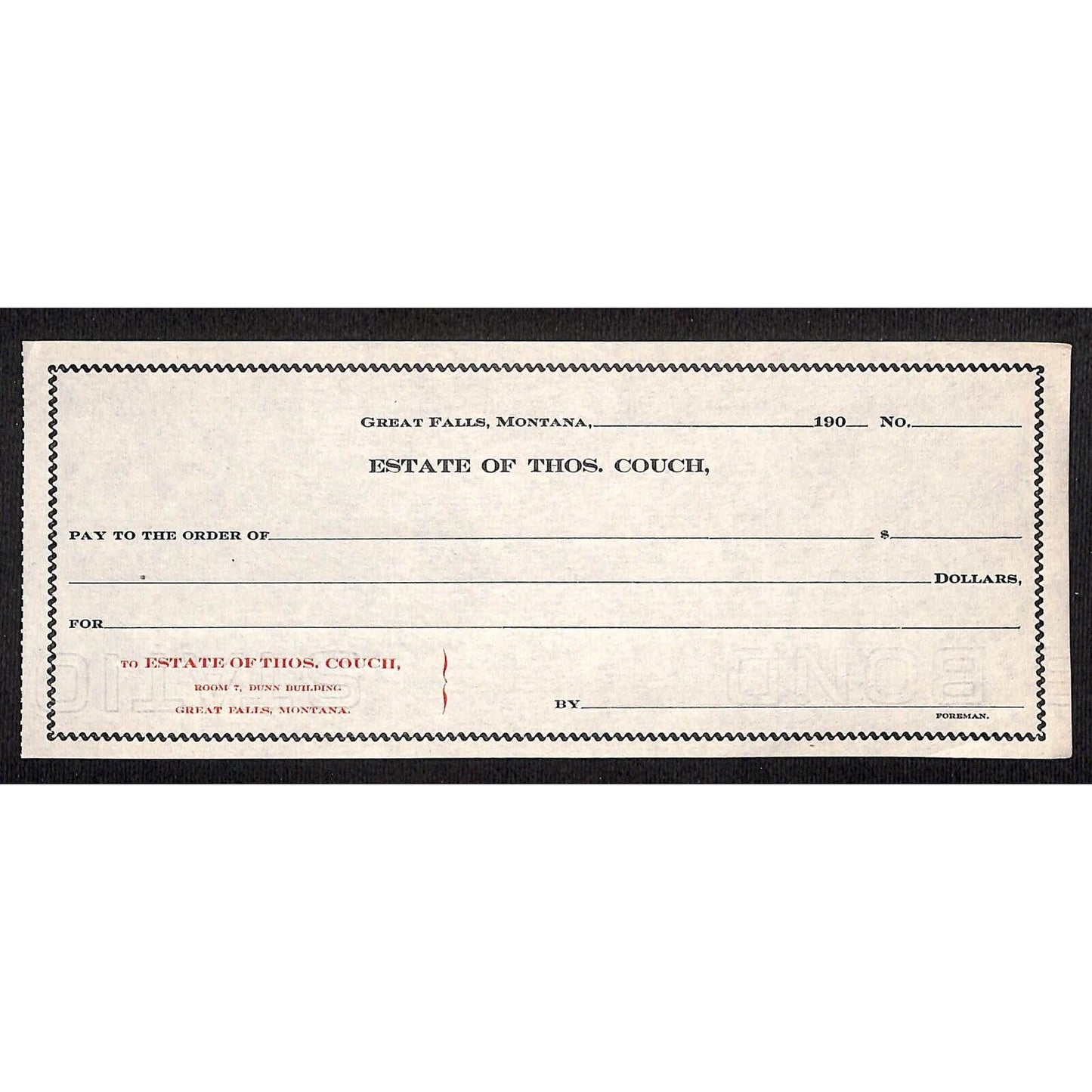 Great Falls Montana c1900-1909 "Estate of Thos. Couch" Unused Bank Check