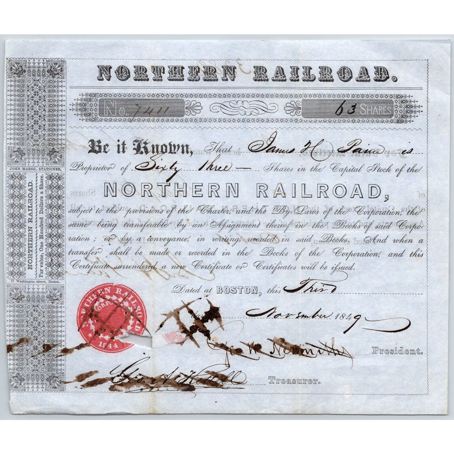 1849 Boston, MA Northern Railroad Stock Certificate No. 7411 for 63 Shares