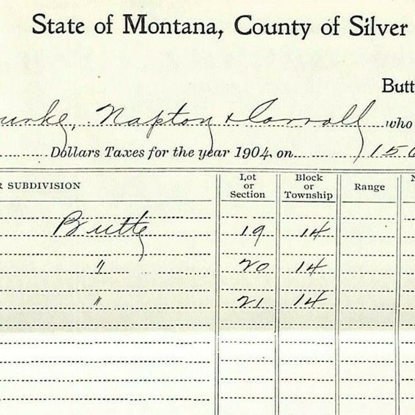 1904 Check Daly Bank Trust of Butte, MT Eugene Carroll Silver Bow Tax Receipt
