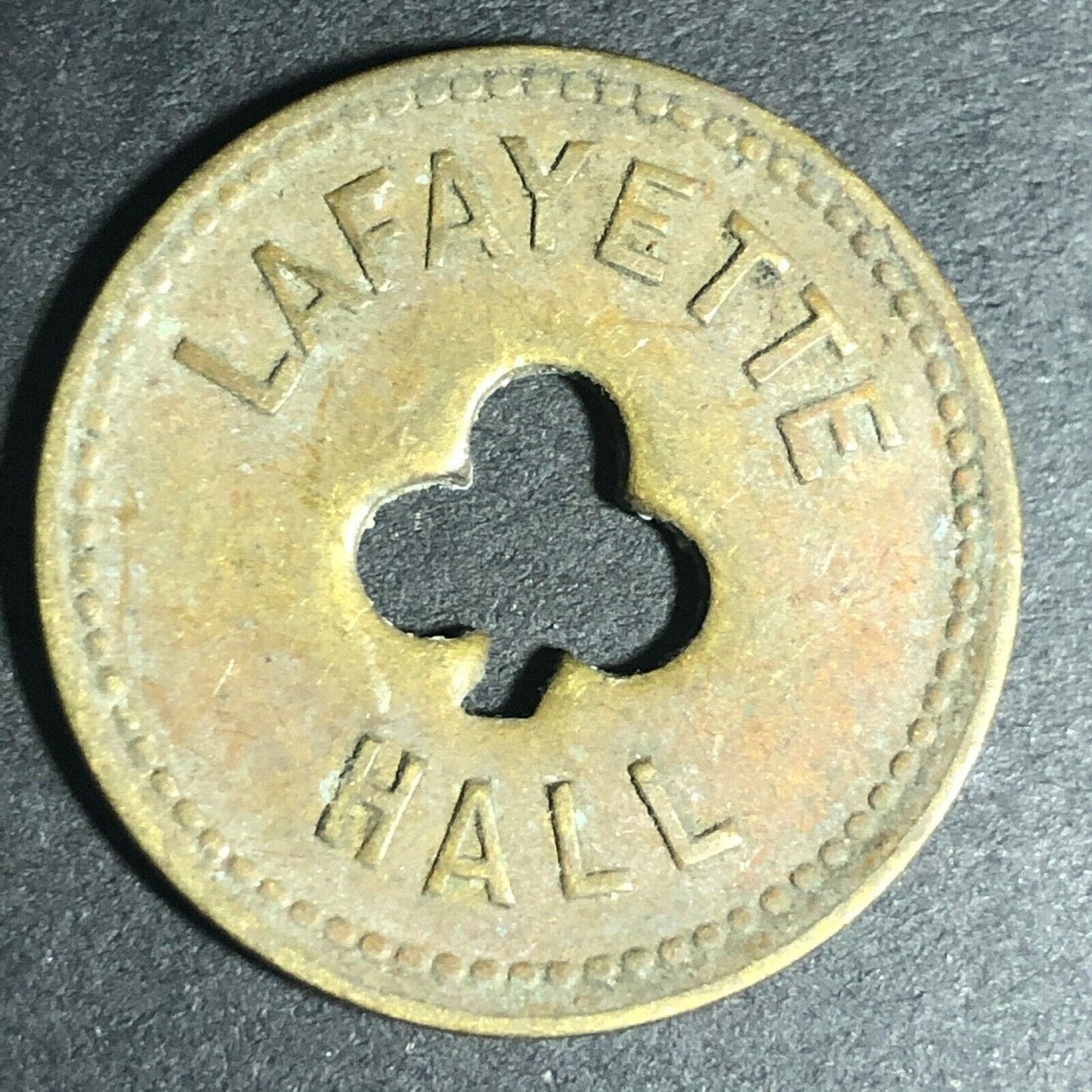 24.5mm Brass Lafayette Hall (Saloon Sacramento, CA) Token Clover Shamrock (#2)