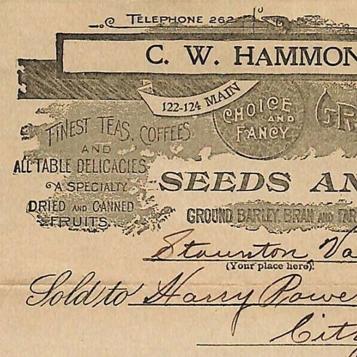 1903 Scarce C.W. Hammond Seeds and Grain Letterhead Billhead Staunton, VA