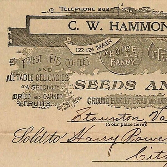 1903 Scarce C.W. Hammond Seeds and Grain Letterhead Billhead Staunton, VA