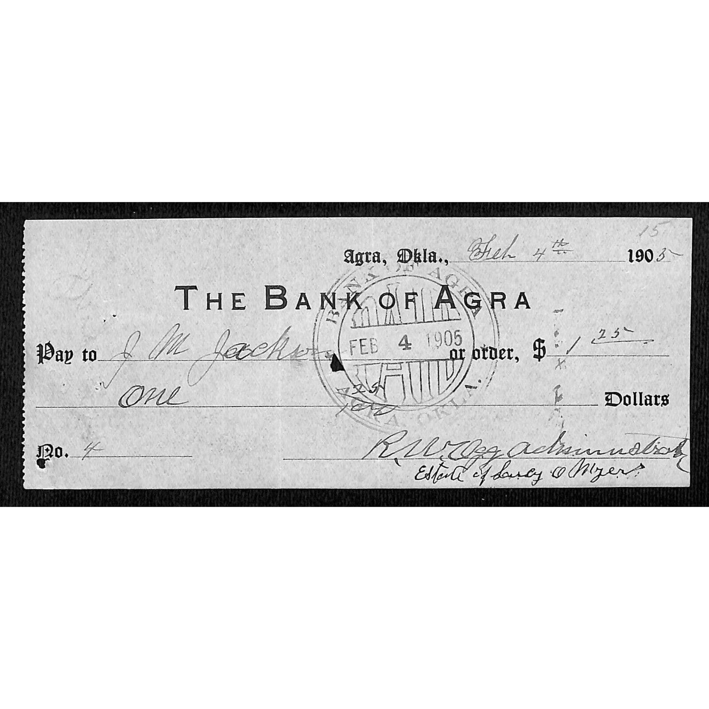 Agra, OK 1905 Territorial Bank Check - Scarce