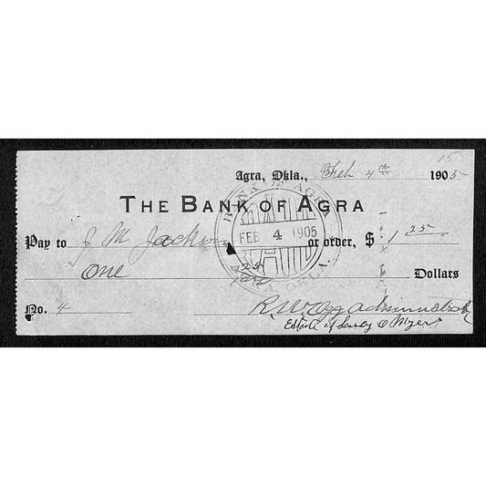 Agra, OK 1905 Territorial Bank Check - Scarce