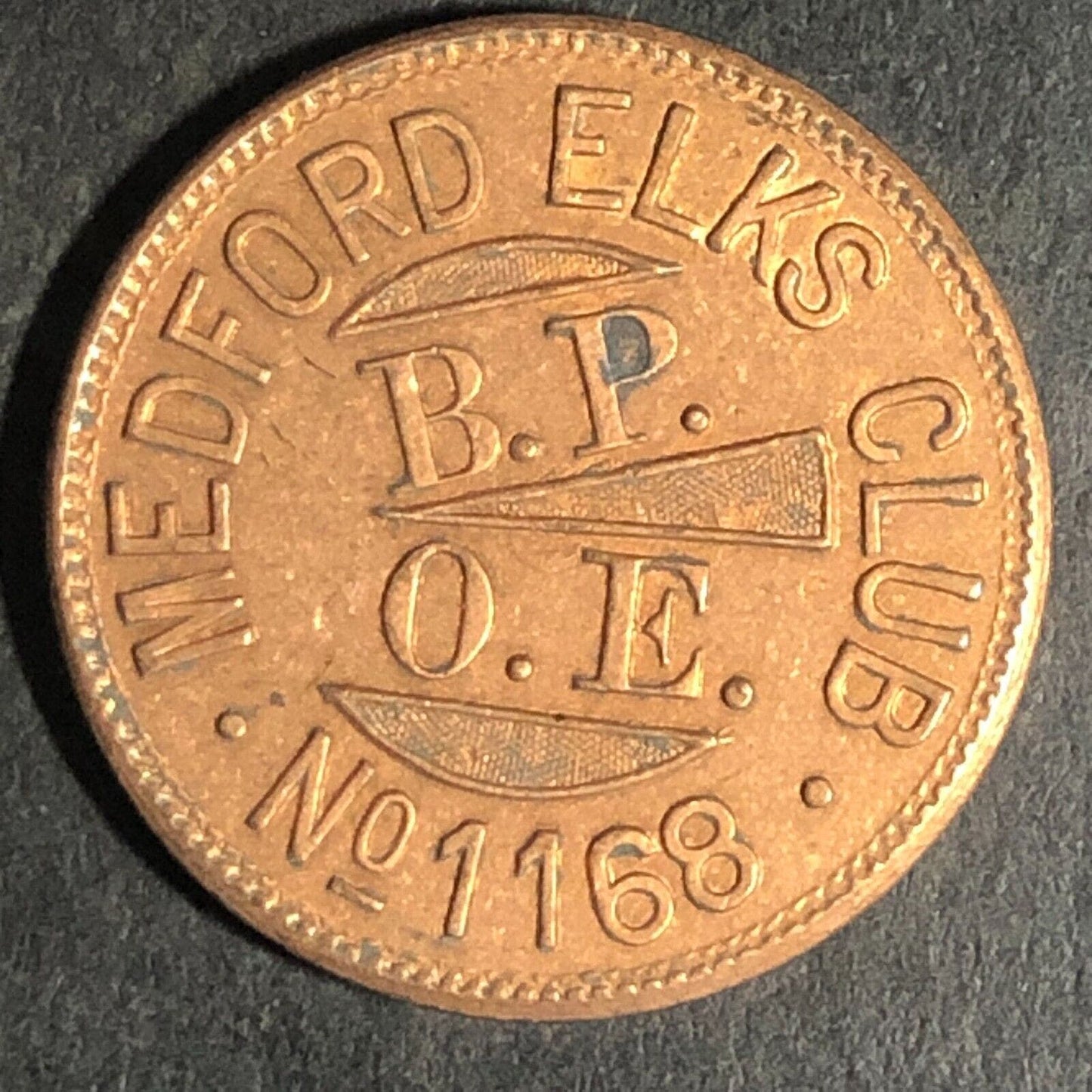 B.P.O.E. Medford Elks Club No. 1168 Brass G/F 5c In Trade Token 21mm Scarce