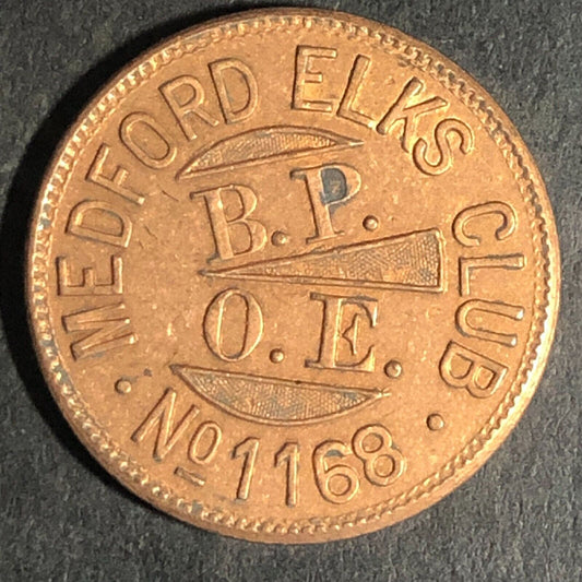 B.P.O.E. Medford Elks Club No. 1168 Brass G/F 5c In Trade Token 21mm Scarce