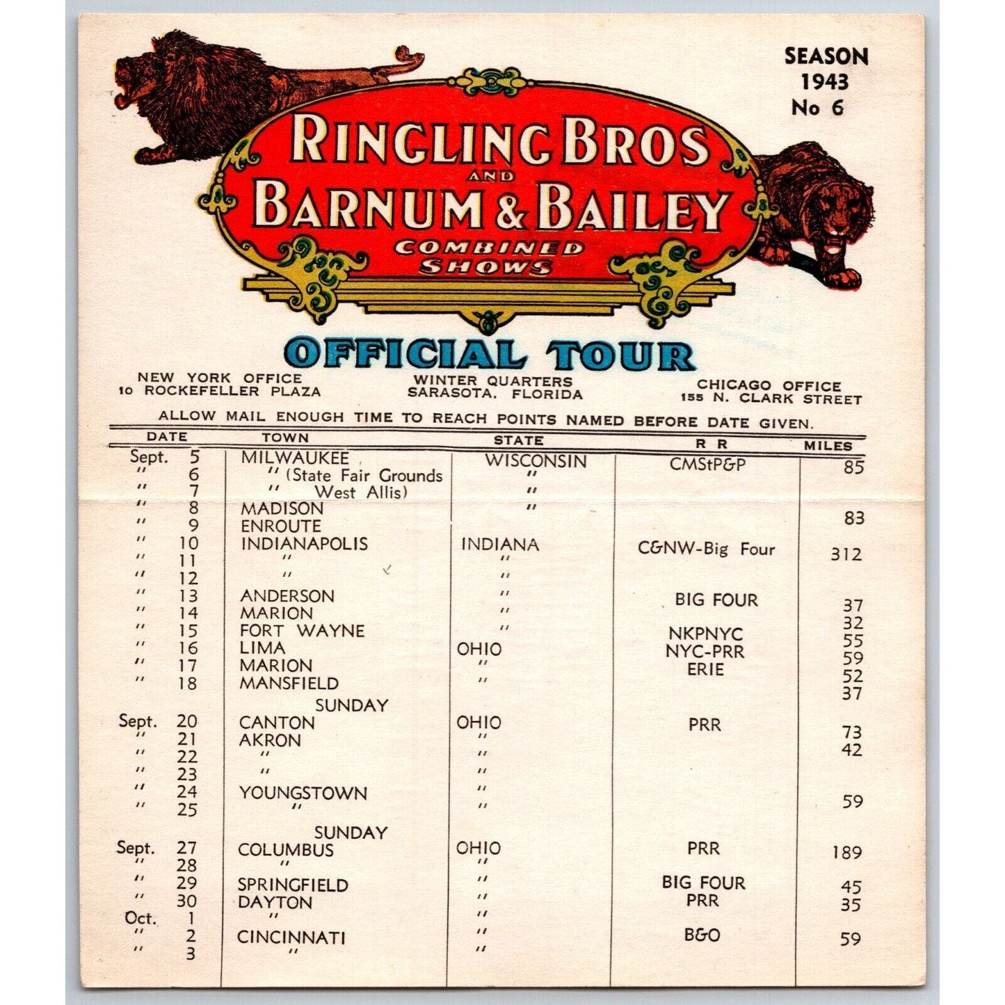 1943 Ringling Bros Barnum & Bailey Circus Route Card Milwaukee Madison Akron