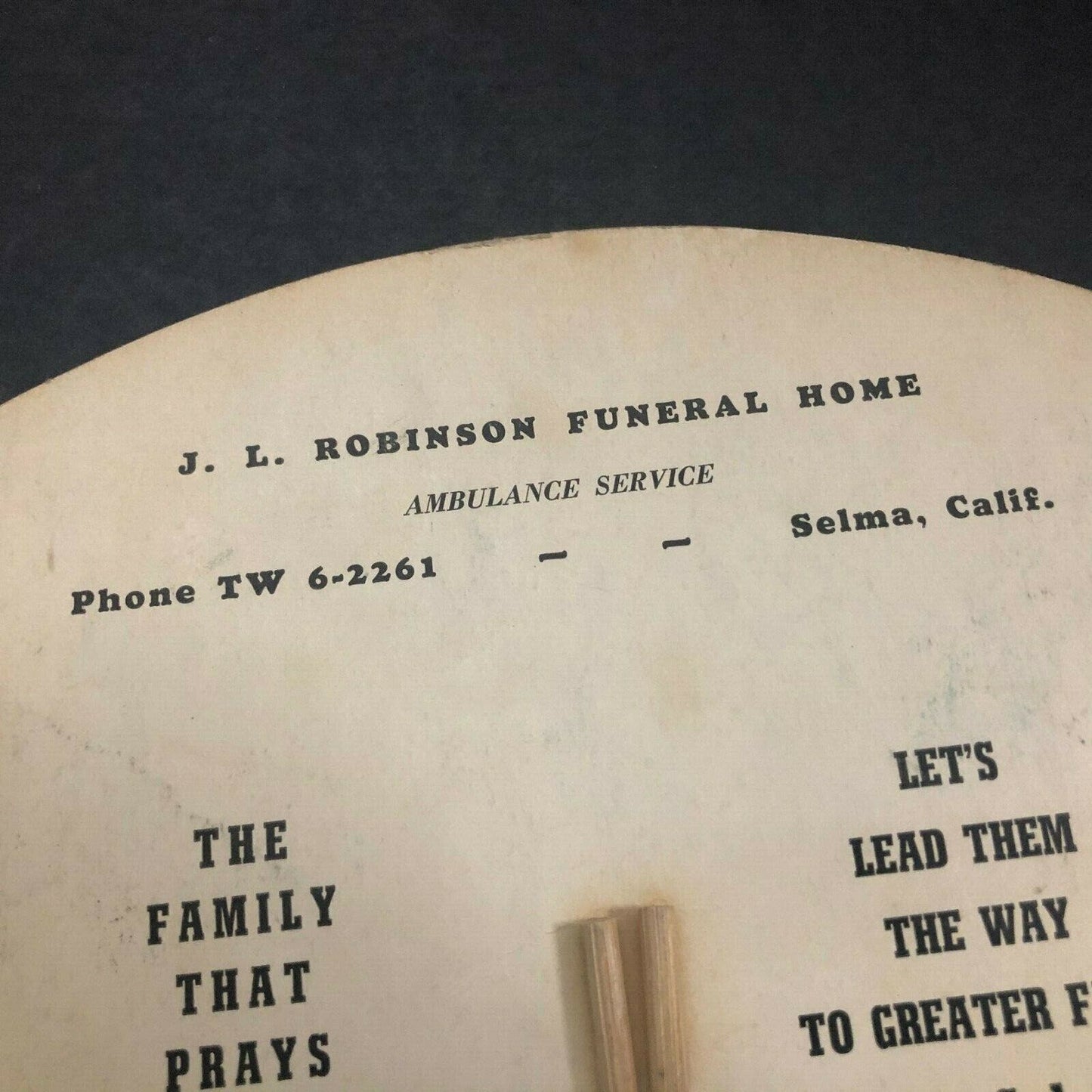 c1936-40's Advertising Hand Paper Fan Robinson Funeral Home, Selma, CA