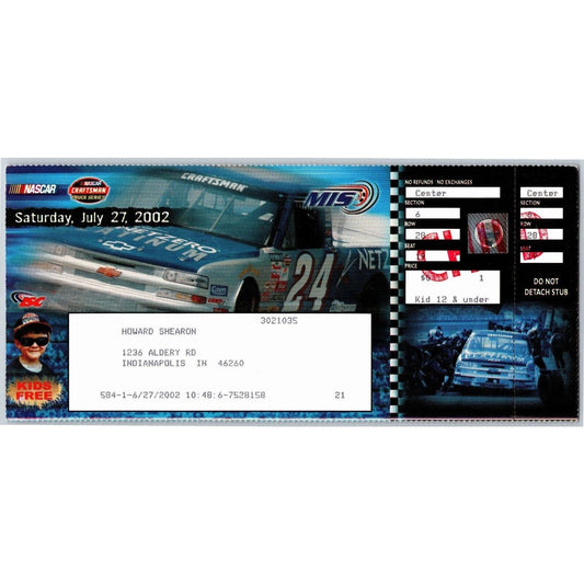 2002 Michigan International Speedway Indy 400 Unused Saturday Ticket - Seat 19
