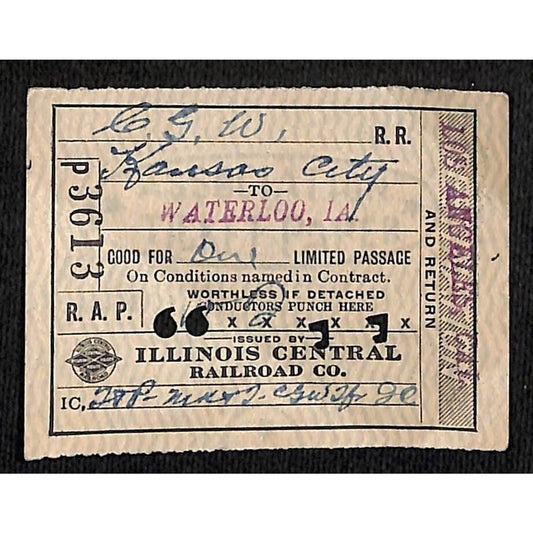 Illinois Central Railroad 1917 Ticket Kansas City to Waterloo, IA #3613