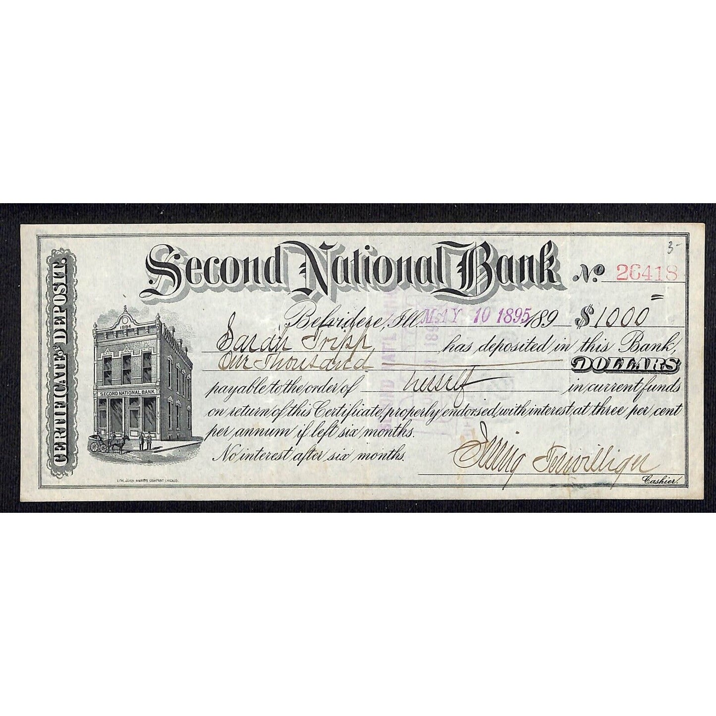 Belvidere, IL 1895 Second National Bank $1,000 Certificate of Deposit - Scarce