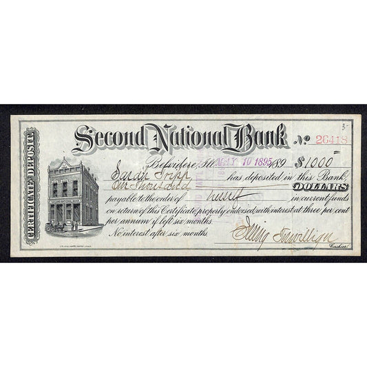 Belvidere, IL 1895 Second National Bank $1,000 Certificate of Deposit - Scarce