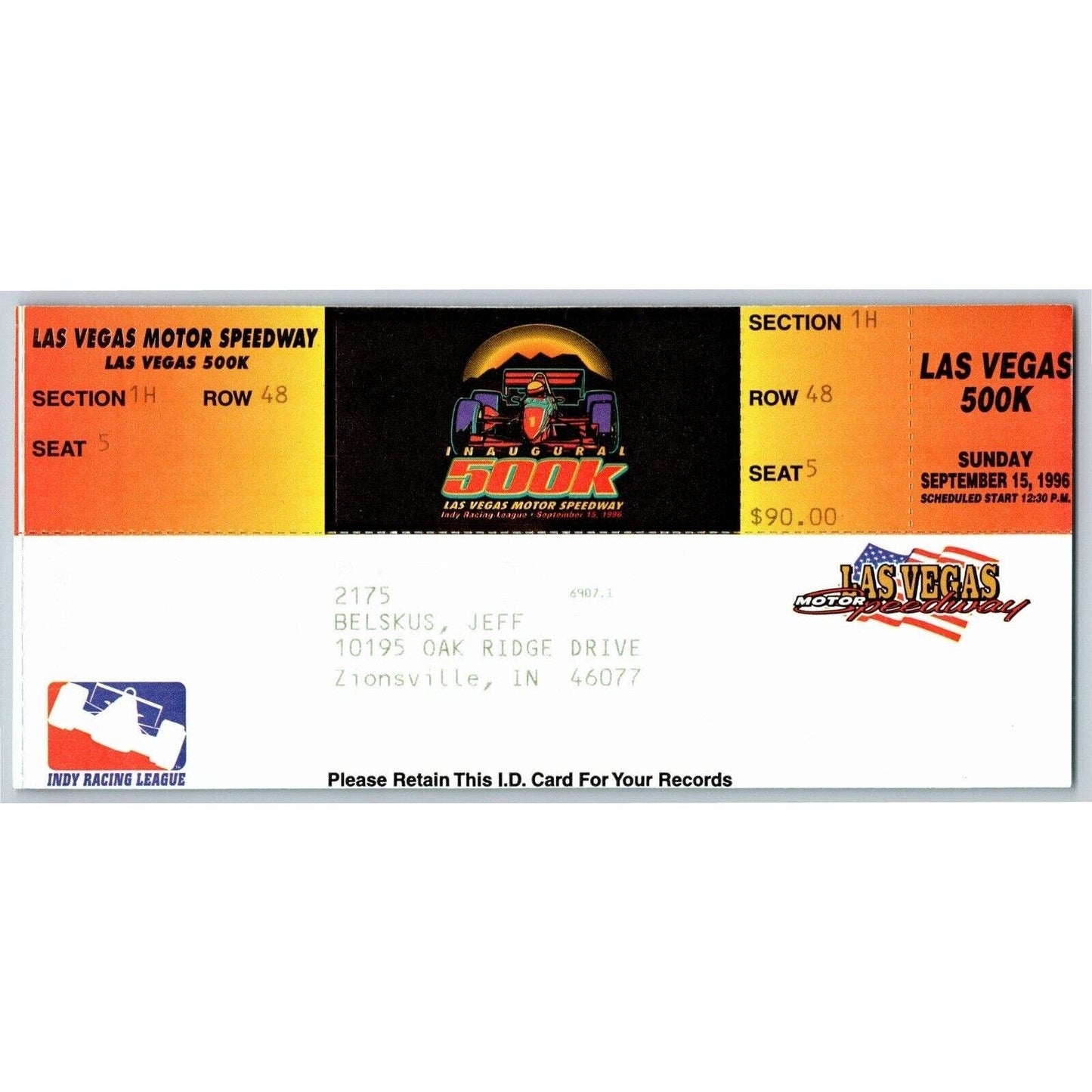 1996 Las Vegas Motor Speedway Indy IRL 500K Unused Ticket - Seat 5