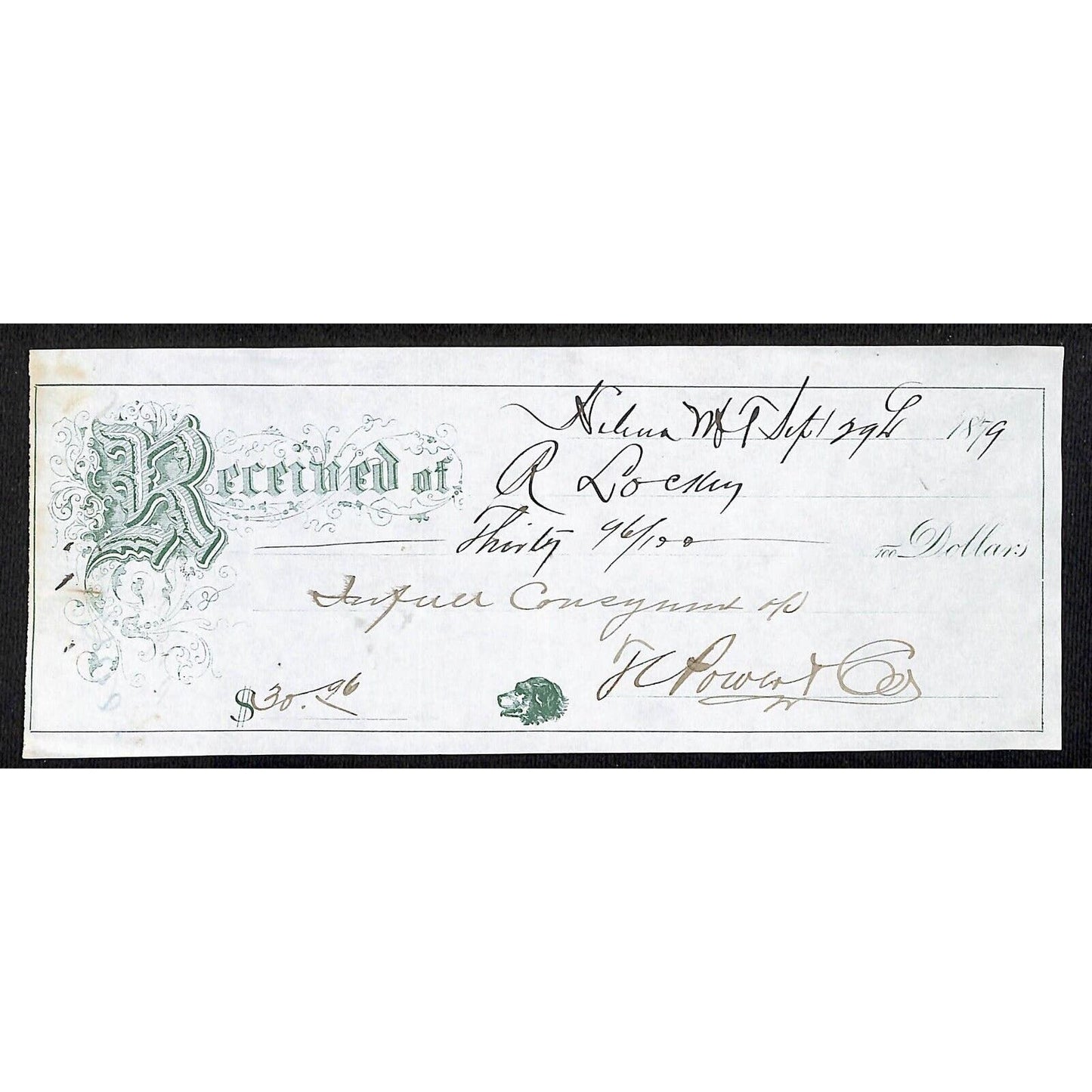 Helena Montana 1879 $30.96 Richard Lockey Receipt / Billhead w/ Dog Head Illst.