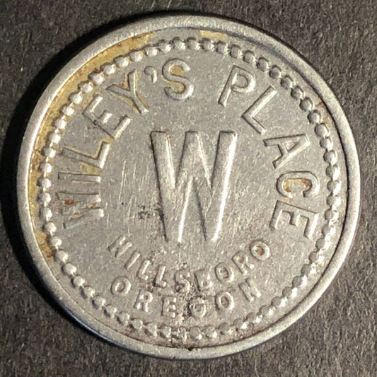 Wiley's Place Hillsboro Oregon G/F 5c Trade Token "W" White Metal -- 21mm