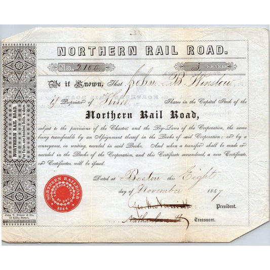 1847 Boston, MA Northern Railroad Stock Certificate No. 2100 for Three Shares