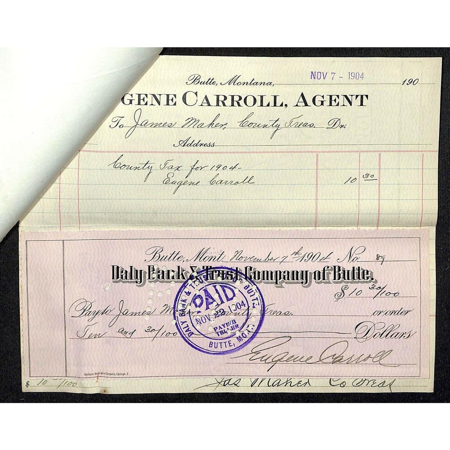1904 Check Daly Bank Trust of Butte, MT Eugene Carroll - Silver Bow Tax Receipt
