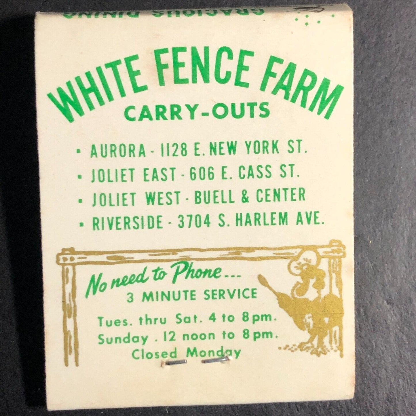 White Fence Farm Restaurant Lemont, IL Full Matchbook c1968-73 VGC