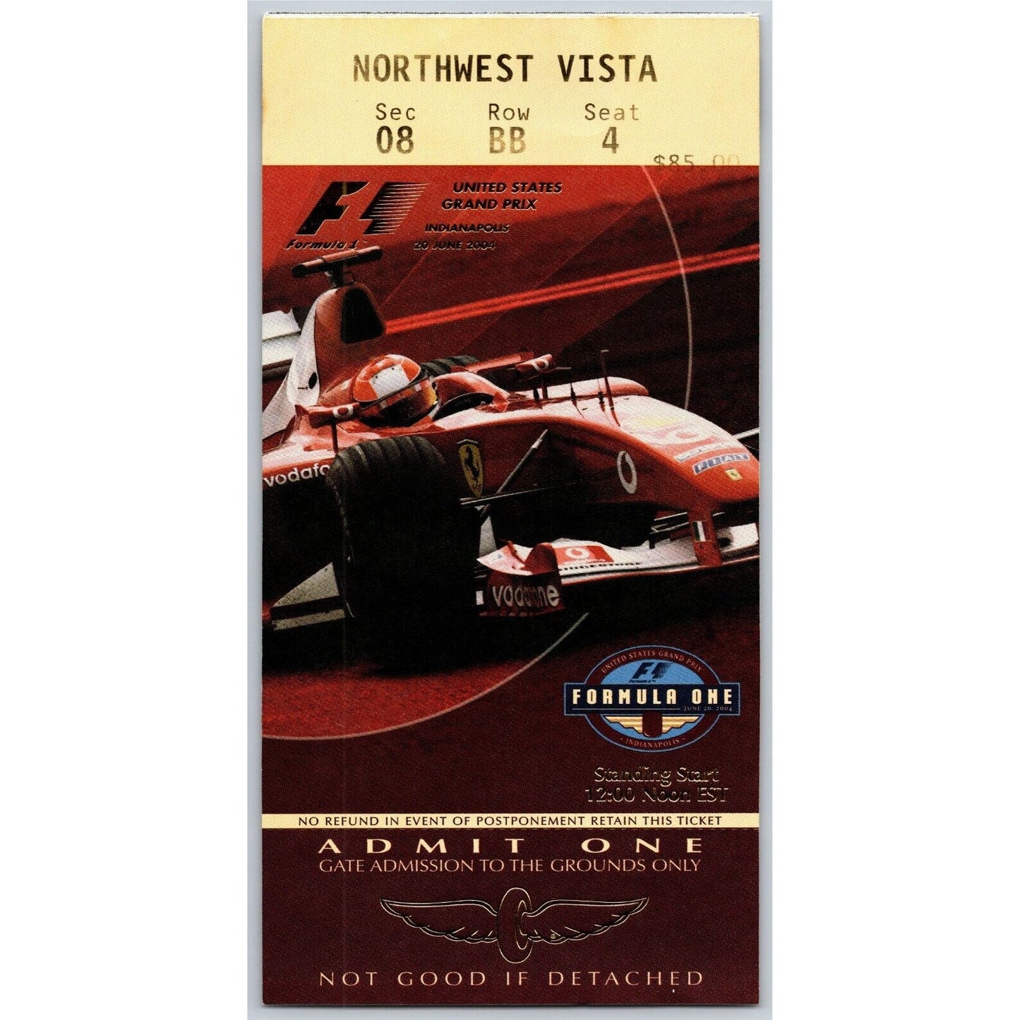 2004 Indianapolis Formula One Grand Prix Racing Race Day Unused Ticket Seat 4