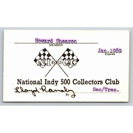 1988 "National Indy 500 Collectors Club" ID Membership Card Indianapolis IMS