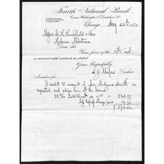 FNB Chicago 1870 Letterhead L.H. Hershfield* Helena, MT / Gold Dust Mention